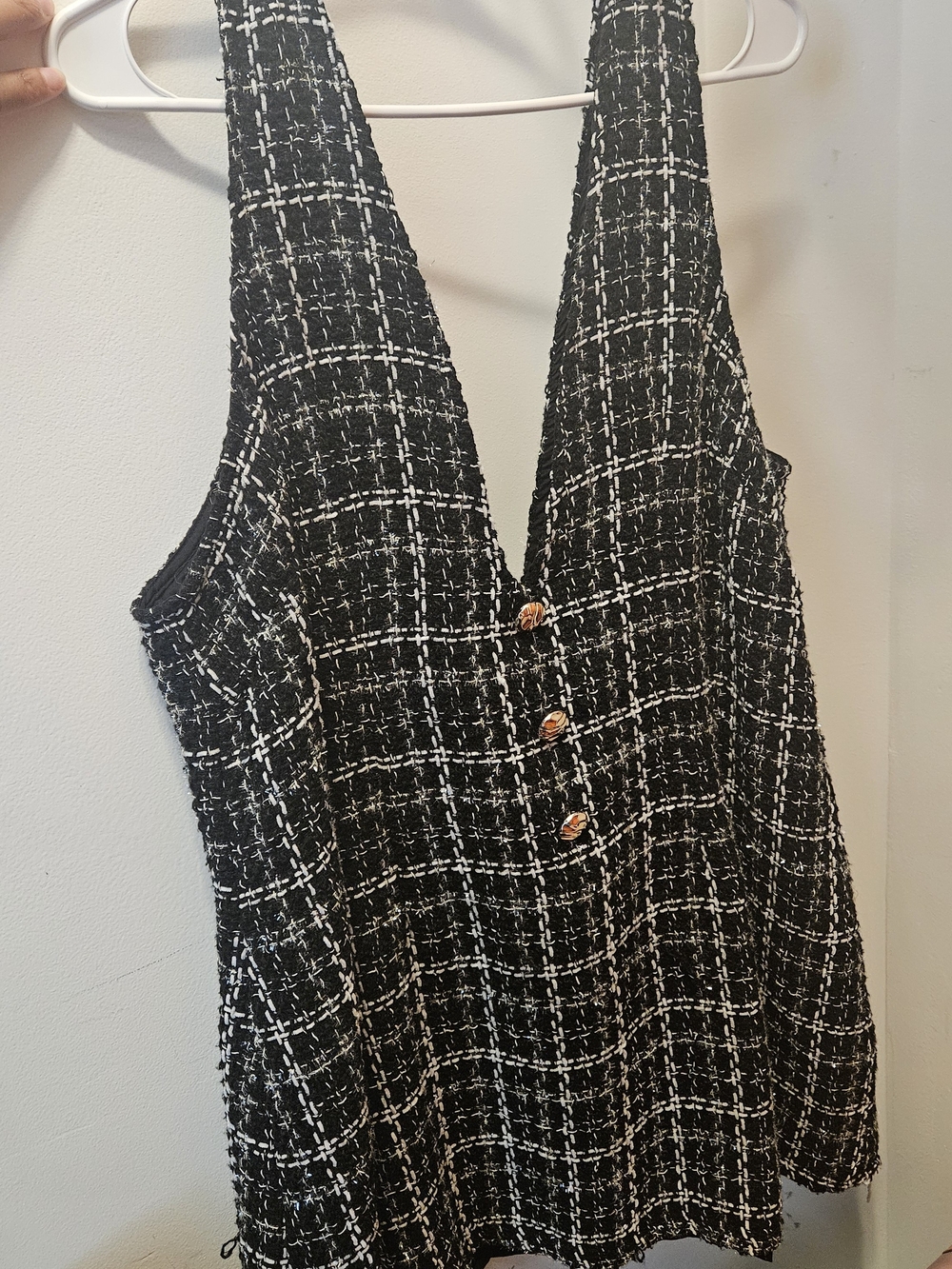 Black and White Tweed Plunging Button-Front Dress